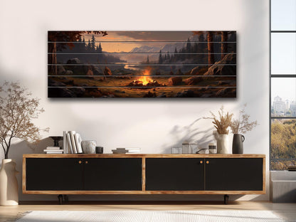 Rustic Wood Wall Art – Bonfire Forest Print on Natural Wood Plank Art