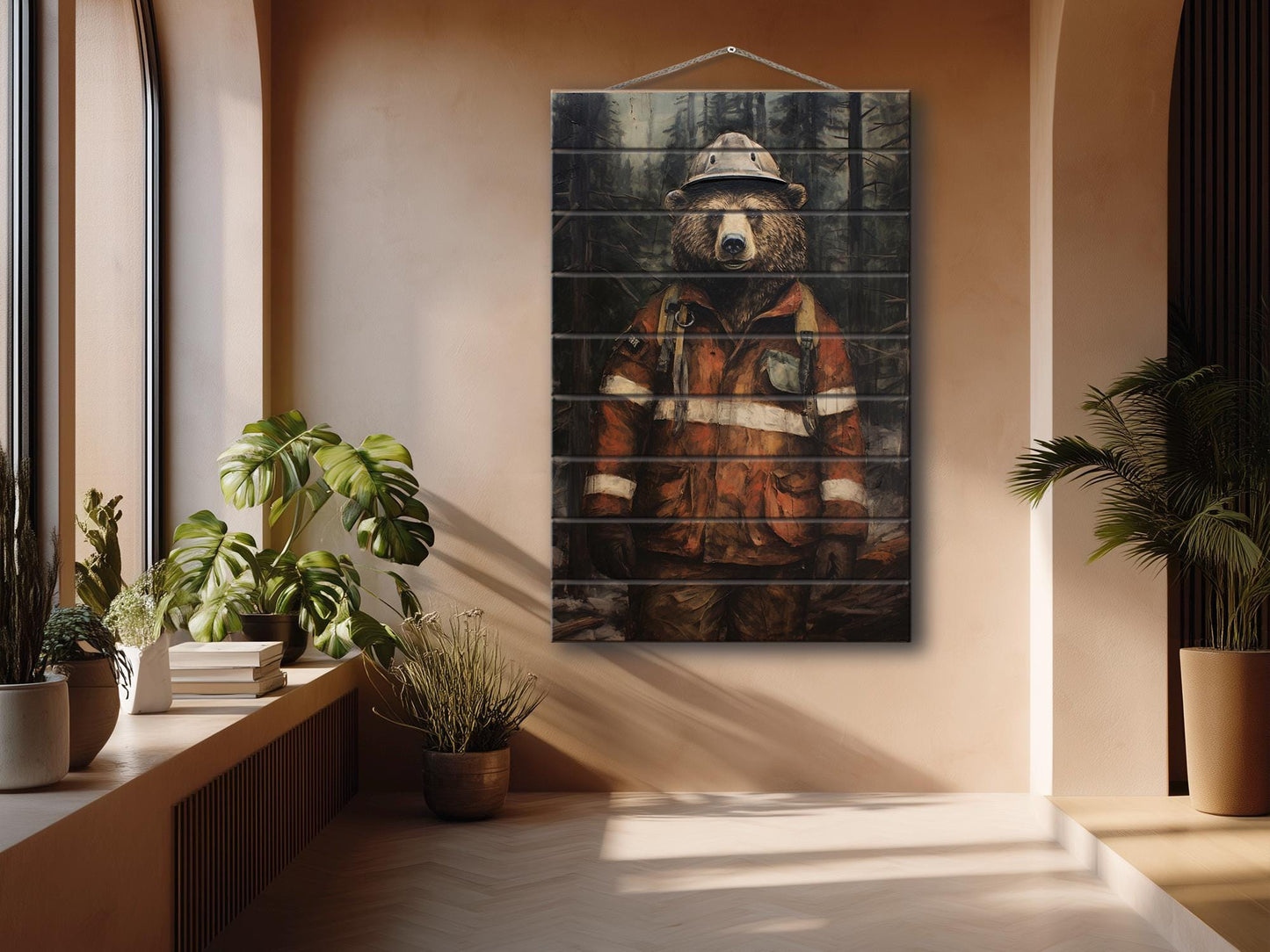 Rustic Fireman Bear Print on Natural Wood – Nursery Animal Wall Art