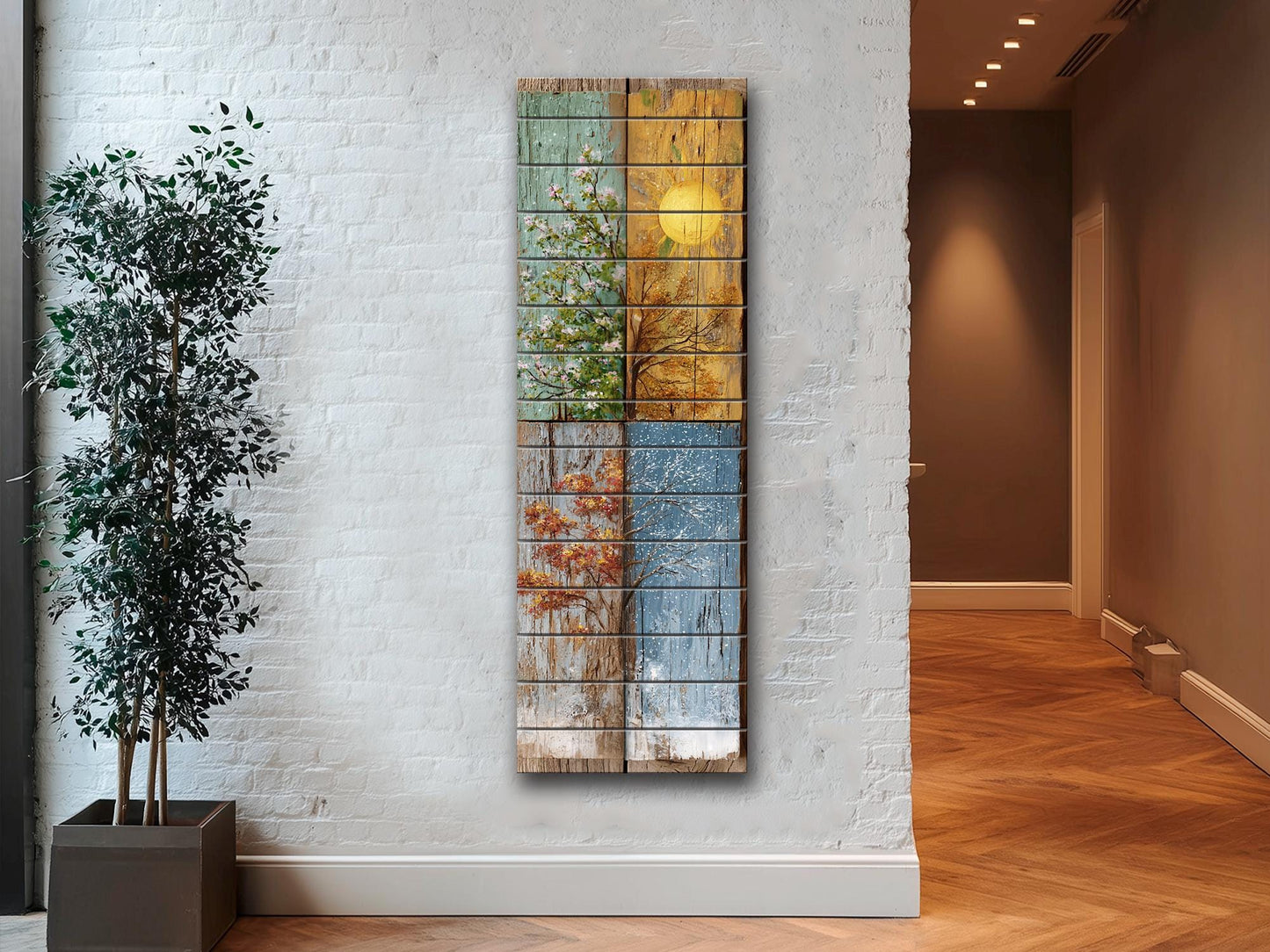 Rustic Wood Wall Art – Four Seasons Artwork on Natural Wood Planks | Cozy Living Room Decor