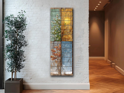 Rustic Wood Wall Art – Four Seasons Artwork on Natural Wood Planks | Cozy Living Room Decor