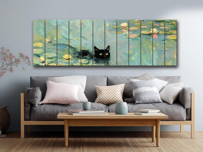 Wood Wall Art - Black Cat Swimming Among Water Lilies | Natural Wood Plank Print