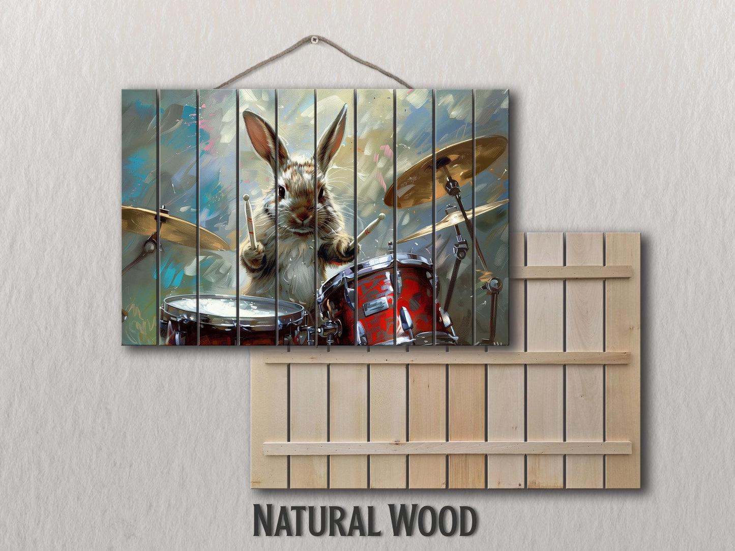 Rabbit Drummer Print on Wood, Funny Rabbit Musician Print, Drummer Gift, Musician Gift, Wood in Interior, Drums Wall Art, Wood Wall Art