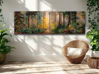 Mystical Forest Path Bathed in Golden Morning Light Print on Wood, Rustic Forest Painting, Cozy Cabin Wall Decor, Wood Wall Art