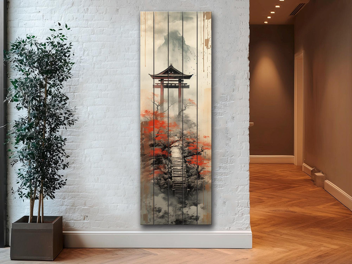 Japanese Torii Gate Wall Art – Misty Mountain Zen Landscape Decor on Wood Panel