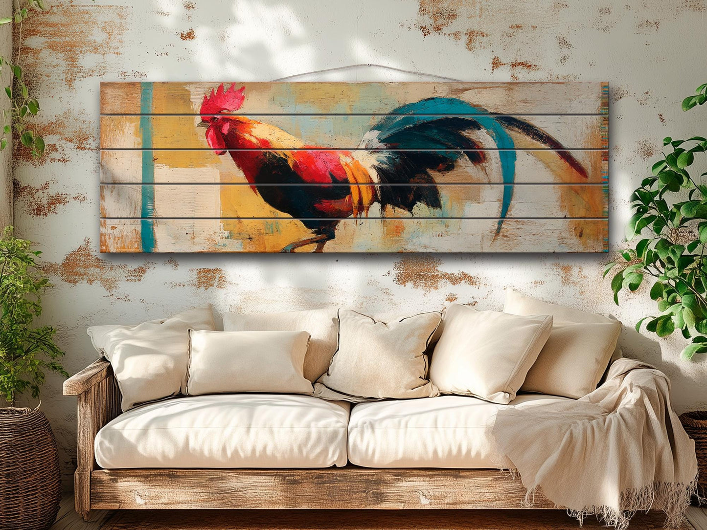 Rustic Rooster Print on Natural Wood, Rooster Painting, Chicken Farm Decor, Farmhouse Wall Decor, Wood Wall Art, Cozy Cabin Wall Decor