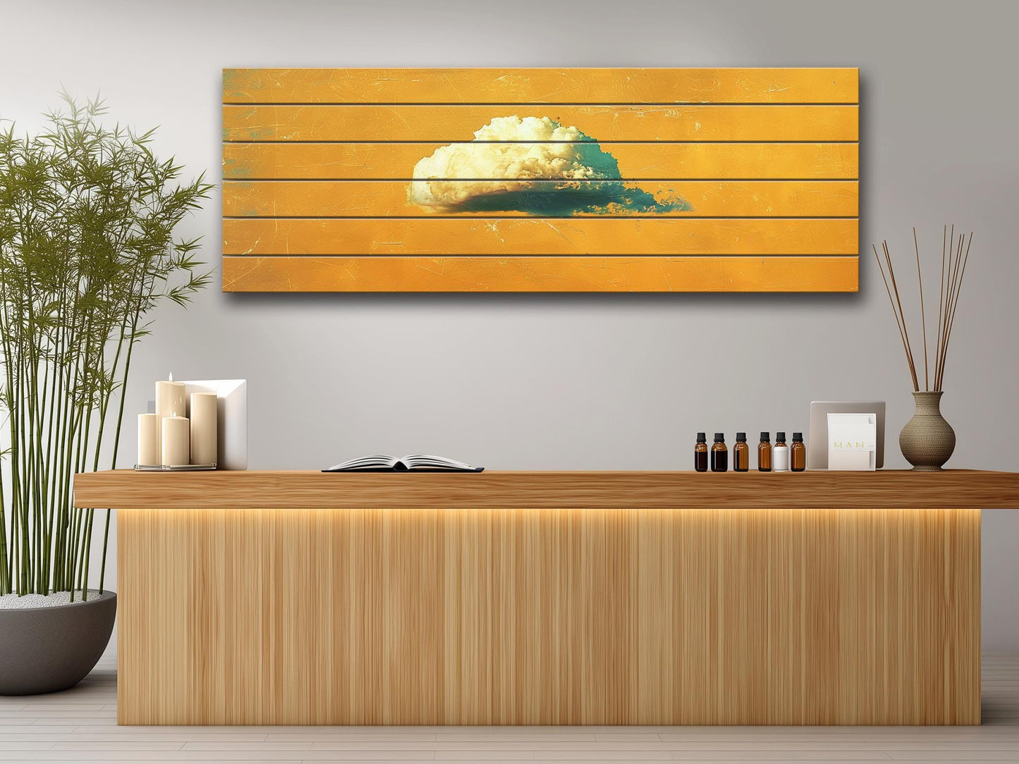 Natural Wood Wall Art - Canary Yellow Retro Print on Rustic Wood Planks
