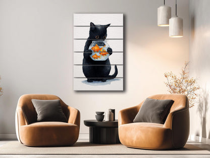 Black Cat Wall Art – Minimalist Wood Print on Natural Plank with Goldfish