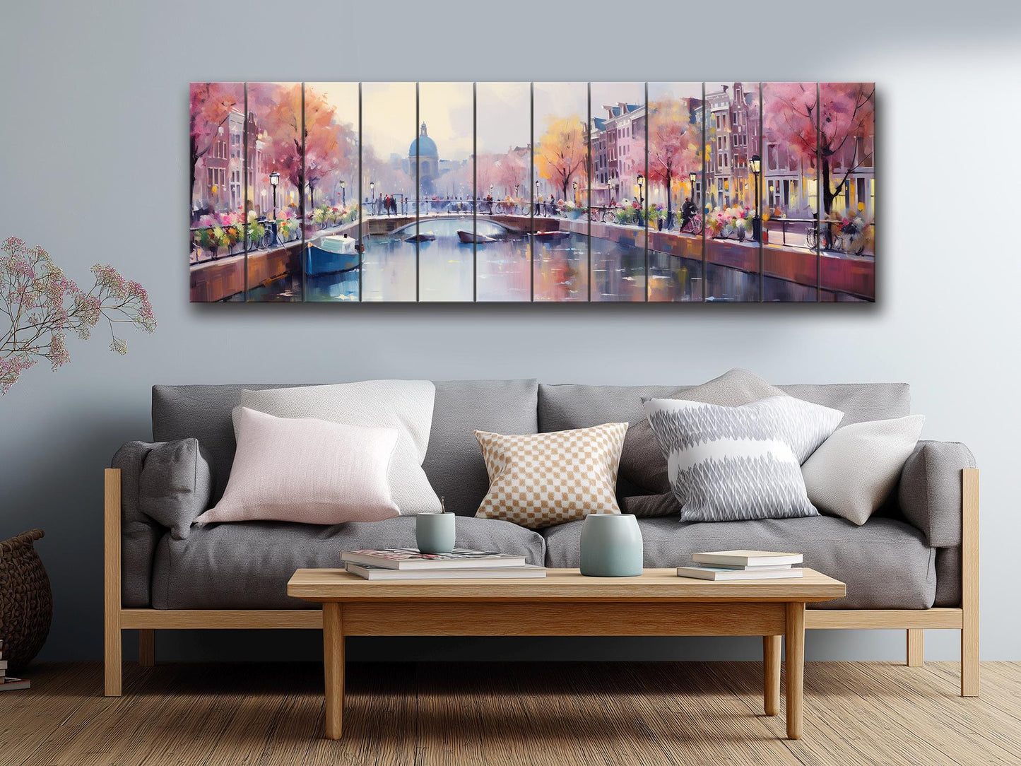 Amsterdam Wood Wall Art – Rustic Abstract Skyline Print on Natural Wood Texture