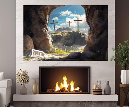 Empty Tomb and Three Crosses Symbolizing Jesus Resurrection Canvas Print, Framed and Ready to Hang