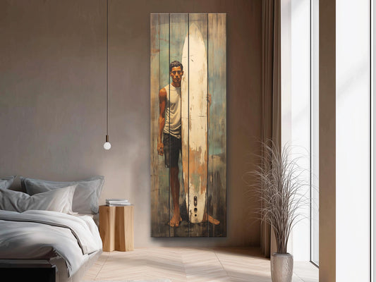 Vintage Surfer Art Print | Natural Wood Plank Artwork – Coastal Wall Decor
