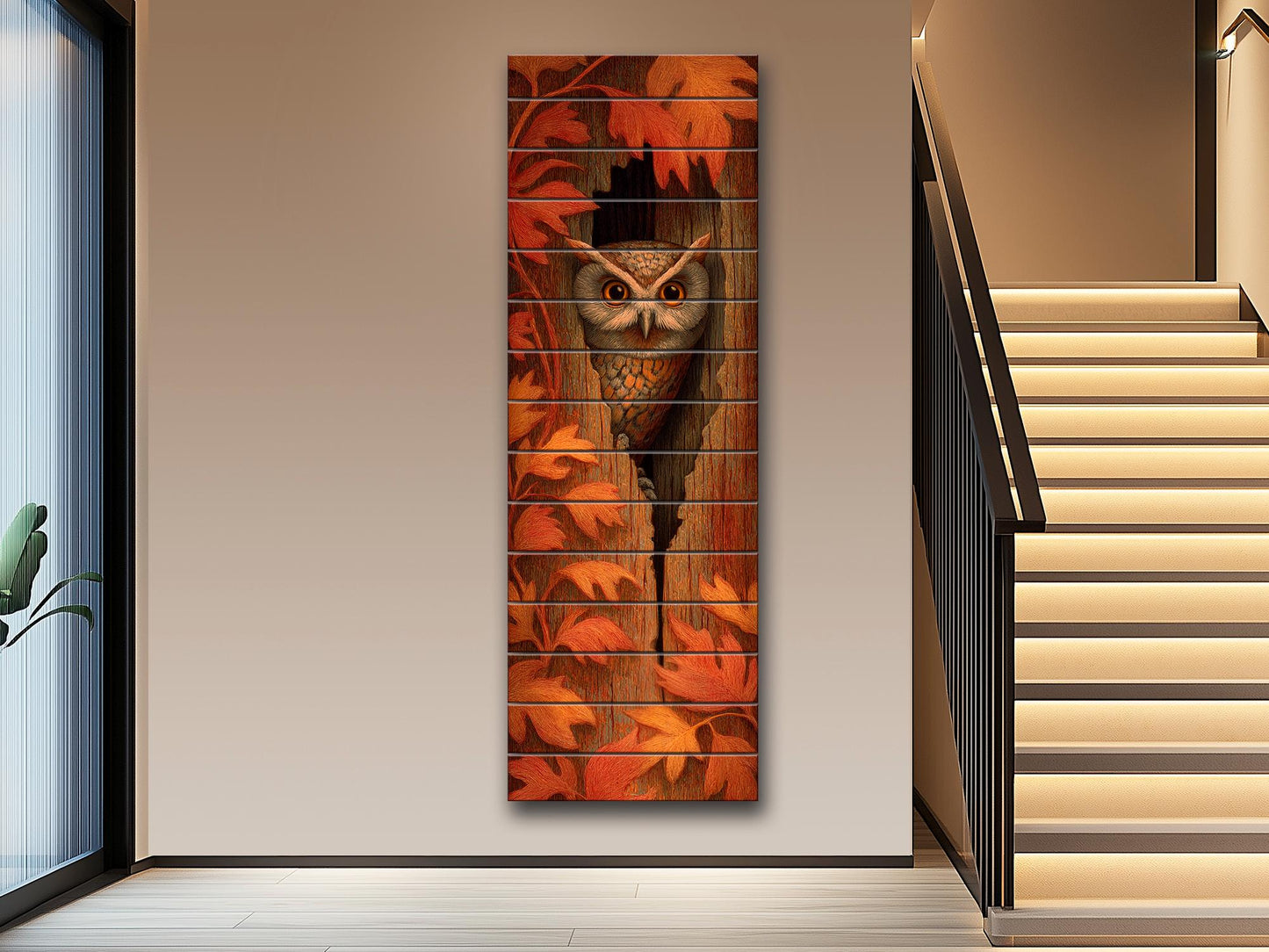 Curious Owl Peeking from a Hollow Tree with Autumn Leaves Print on Natural Wood, Vertical Autumn Painting, Wood Wall Art, Cozy Cabin Decor
