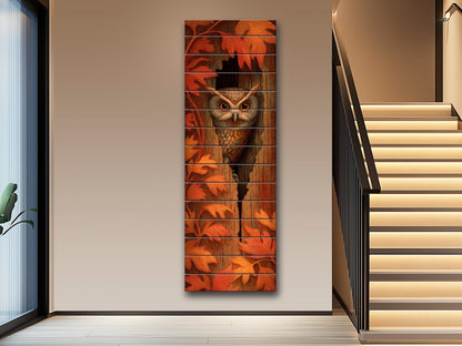 Curious Owl Peeking from a Hollow Tree with Autumn Leaves Print on Natural Wood, Vertical Autumn Painting, Wood Wall Art, Cozy Cabin Decor