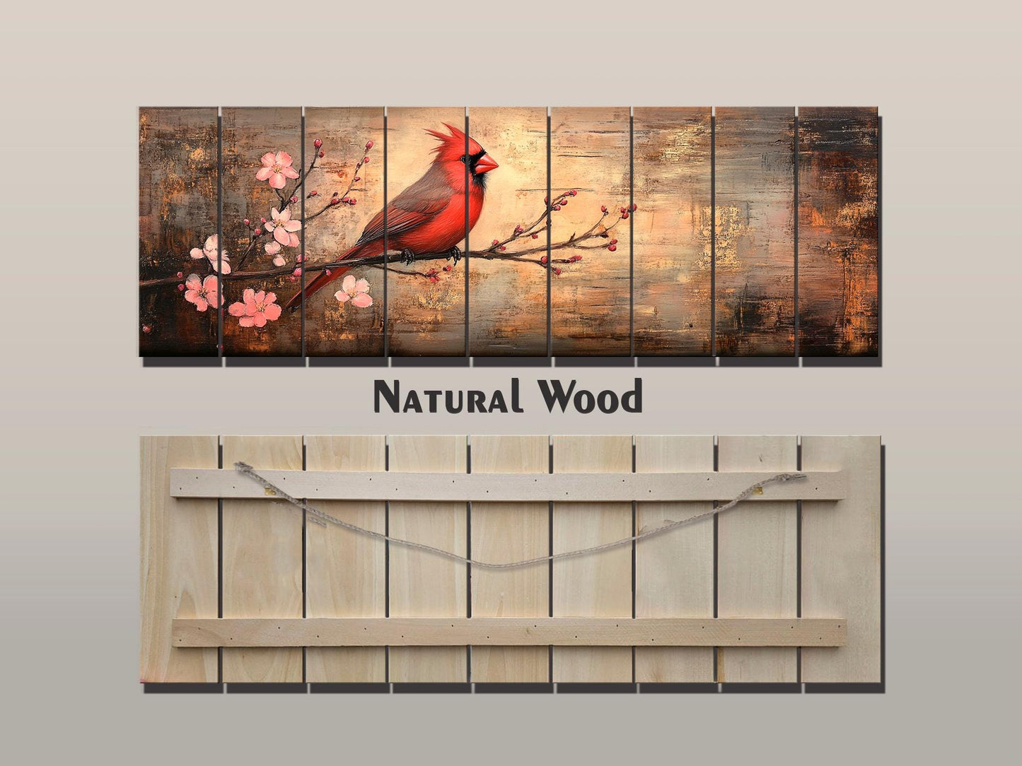 Cardinal Wood Wall Art – Rustic Red Cardinal Painting on Natural Wood Print
