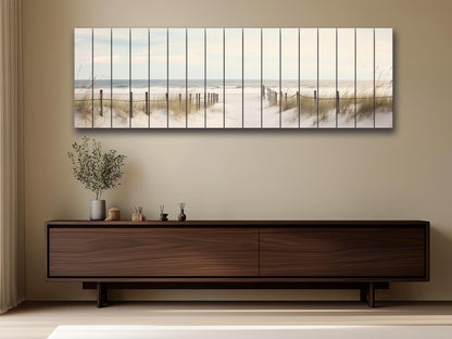 Beach Still Life Painting Print on Natural Wood – Coastal Wall Art