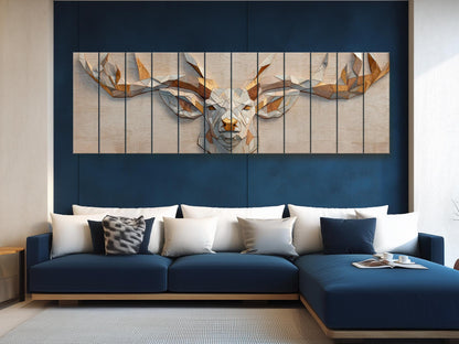 Deer Print Wood - Geometric Antlers Art | Rustic Wildlife Wall Art With Gold Accent