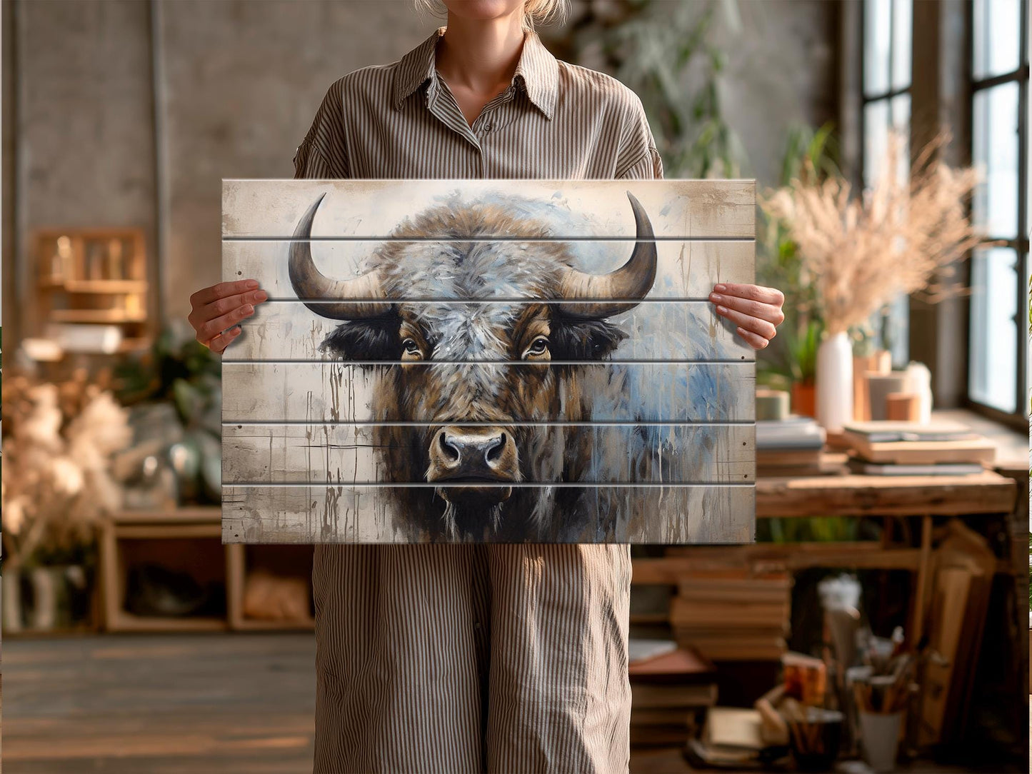 Rustic Wood Wall Art – Bison Abstract Painting on Wooden Planks | Farmhouse Decor
