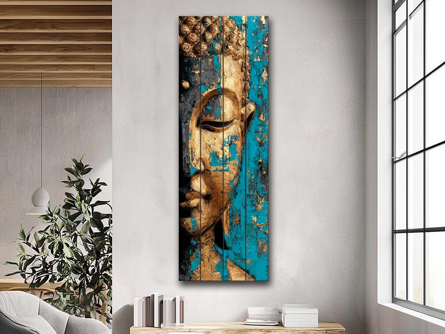 Golden Buddha Wall Art – Turquoise Blue Wooden Print | Rustic Spiritual Decor