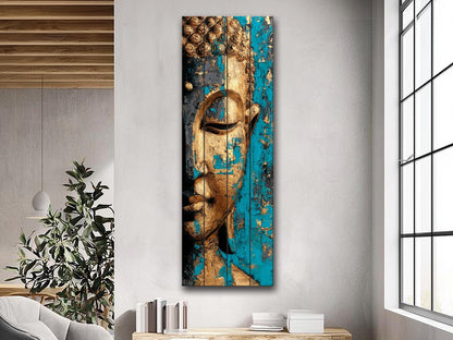 Golden Buddha Wall Art – Turquoise Blue Wooden Print | Rustic Spiritual Decor