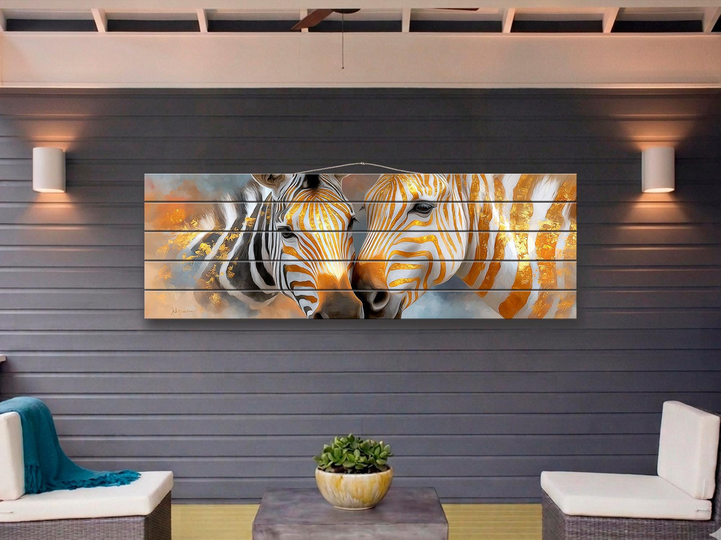 Golden Zebra Couple Print on Wood, Rustic Romantic Wall Decor