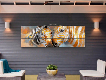 Golden Zebra Couple Print on Wood, Rustic Romantic Wall Decor