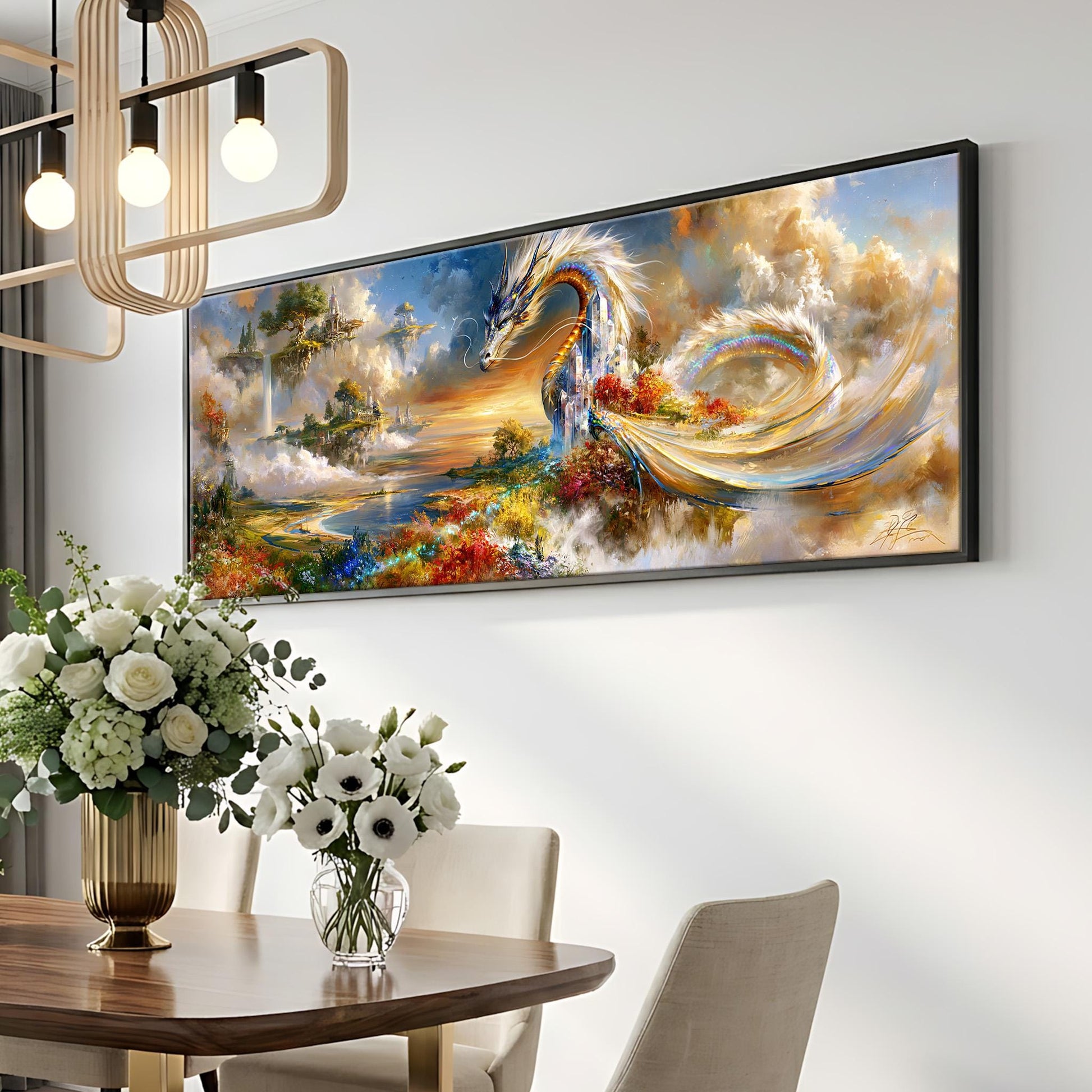 a large, colorful painting of a dragon-like creature against a backdrop of a cloudy sky and a landscape with a river and mountains. The painting is hanging on a wall above a dining table with a vase of white flowers on it.