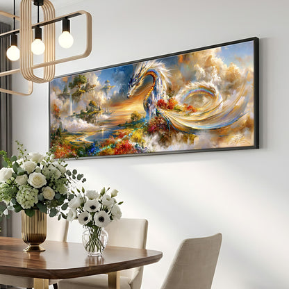 a large, colorful painting of a dragon-like creature against a backdrop of a cloudy sky and a landscape with a river and mountains. The painting is hanging on a wall above a dining table with a vase of white flowers on it.