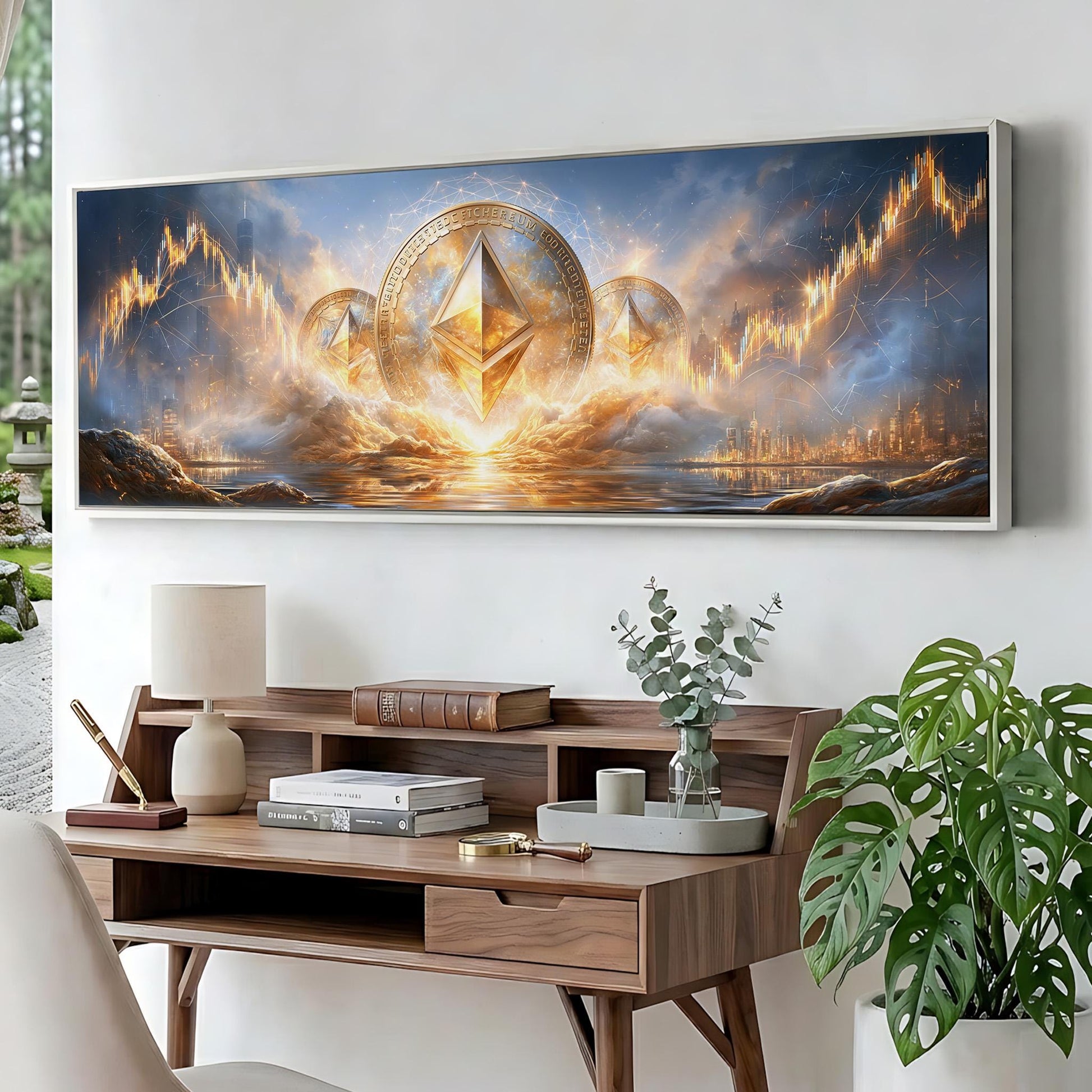 a large, colorful painting of a fantastical landscape with a central diamond-shaped symbol surrounded by three other diamond-shaped symbols, all set against a backdrop of a golden sunset. The painting is displayed on a wall above a wooden desk, which has various items on it, including a lamp, a book, and a plant.