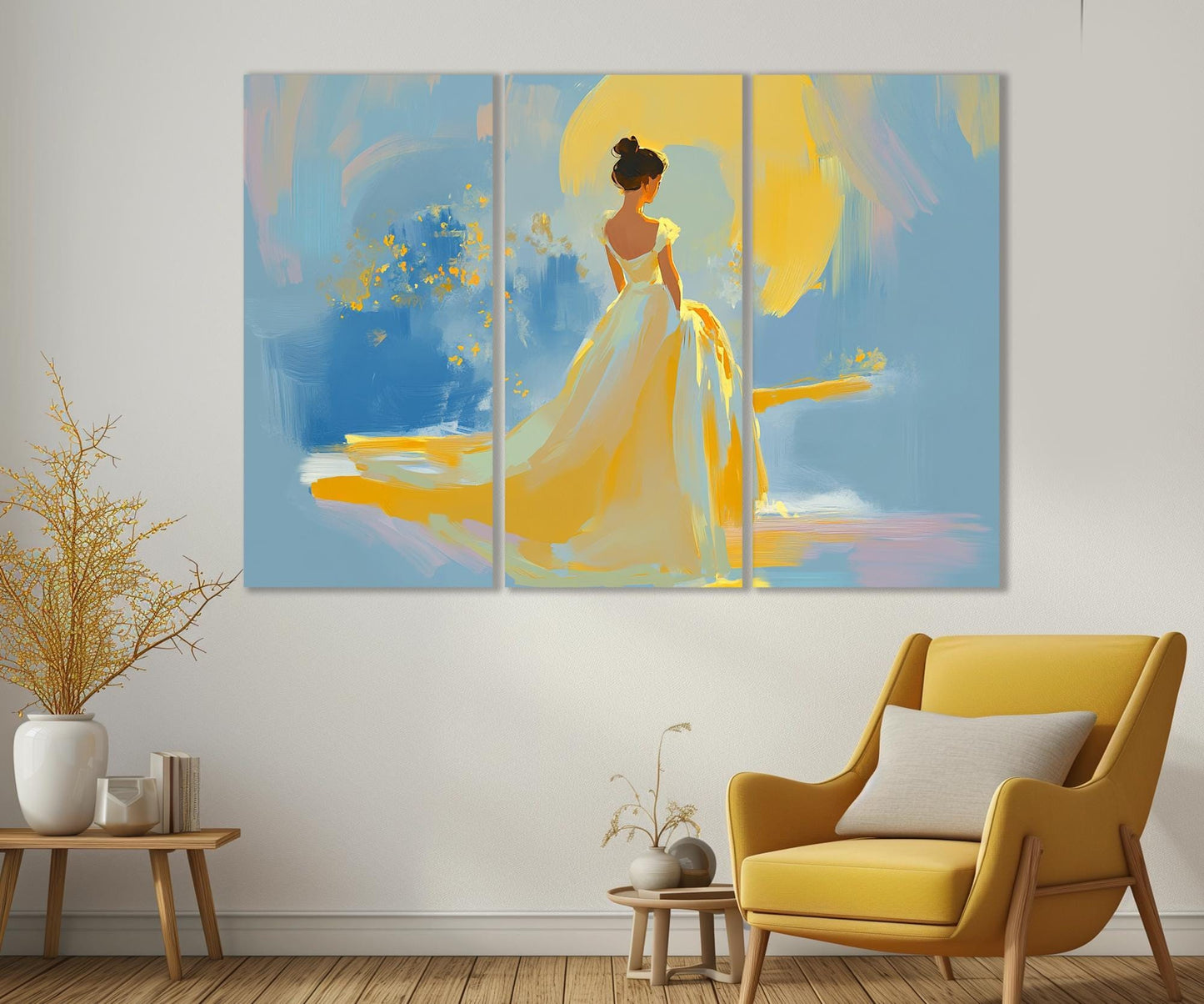 Yellow Dress Canvas Abstract Woman Painting Print – Framed Gallery Wrapped Art