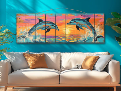 Playful Dolphins Jumping at Sunset Print on Natural Wood, Dolphins Wall Art, Wood Wall Art, Dolphins Painting, Romantic Bedroom Wall Decor
