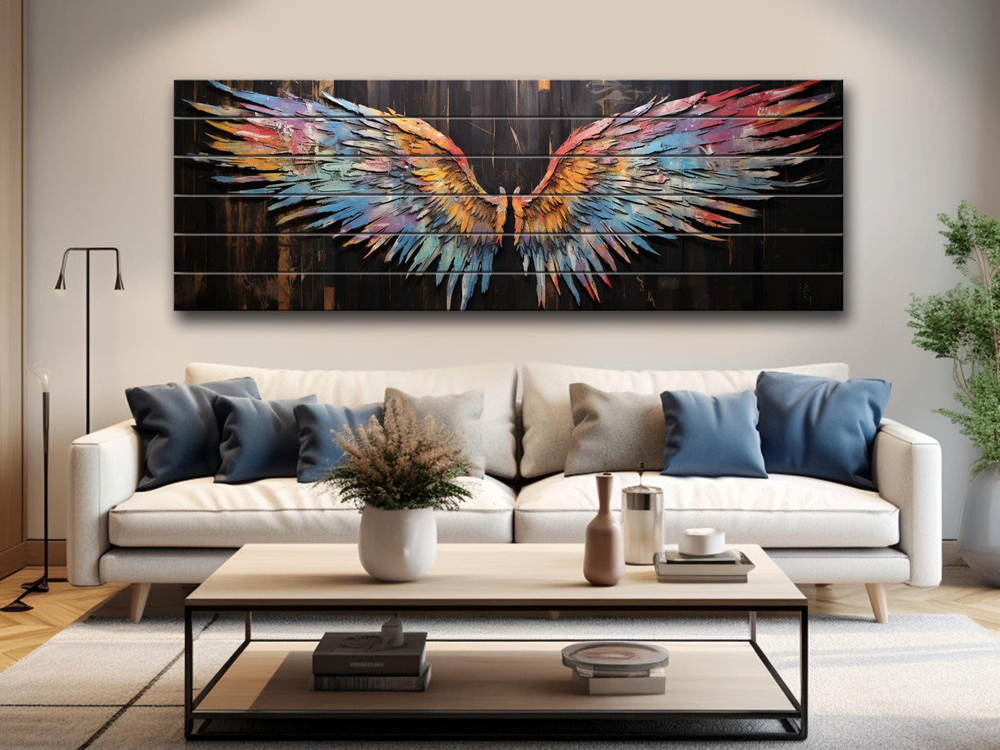 Wings Print Wood - Colorful Abstract Wings on Natural Wood | Rustic Wall Art