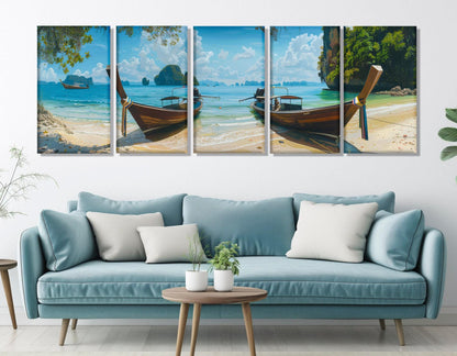 Tropical Beach Canvas Print – Large Boats on Beach Painting | Ready to Hang Art