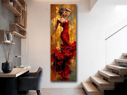 Elegant Woman in Red Dress Print on Wood – Lady in Red Oil Painting Style