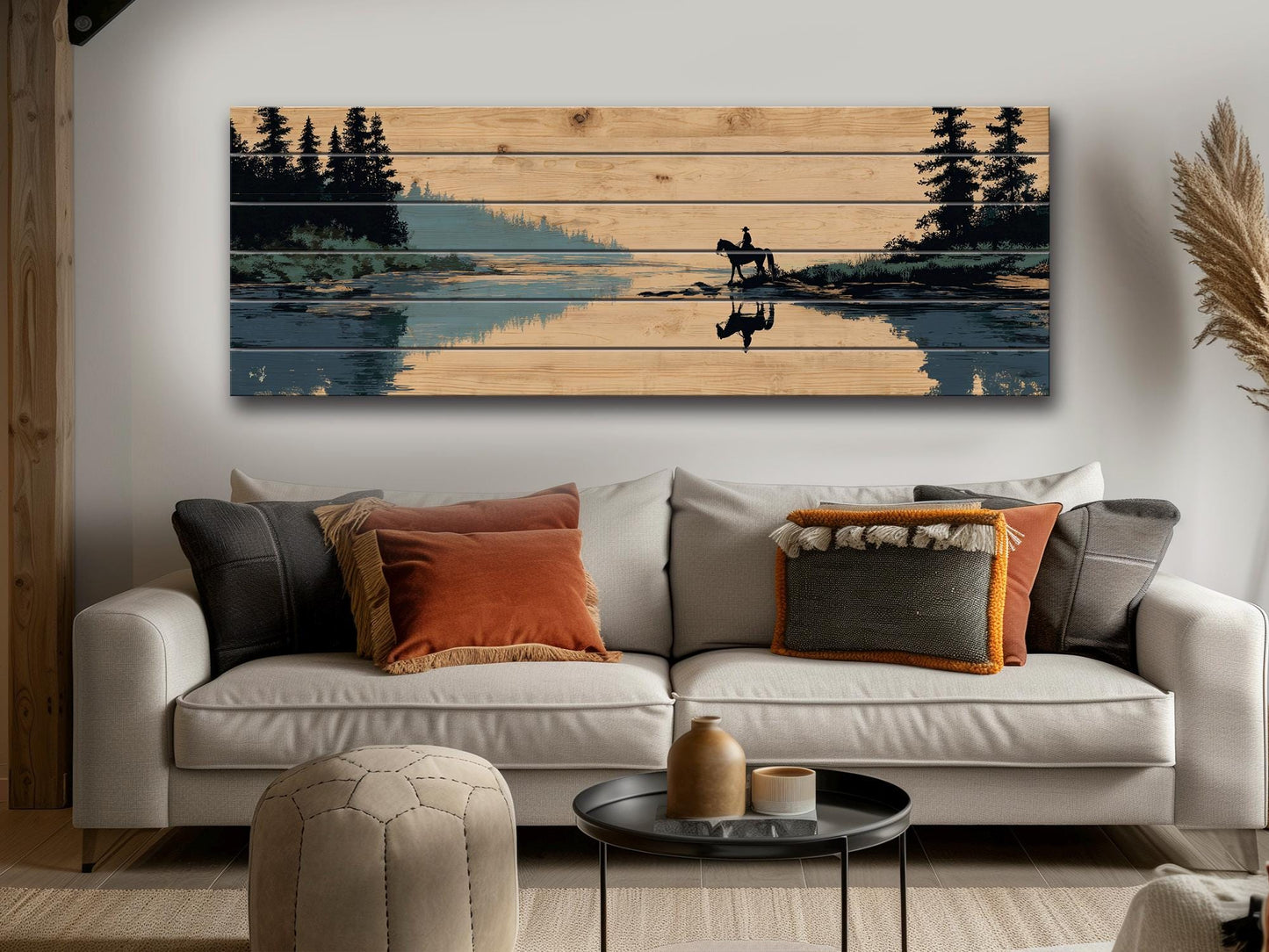 Horse and Rider Wood Print – Rustic River Wall Art with Natural Wood Texture