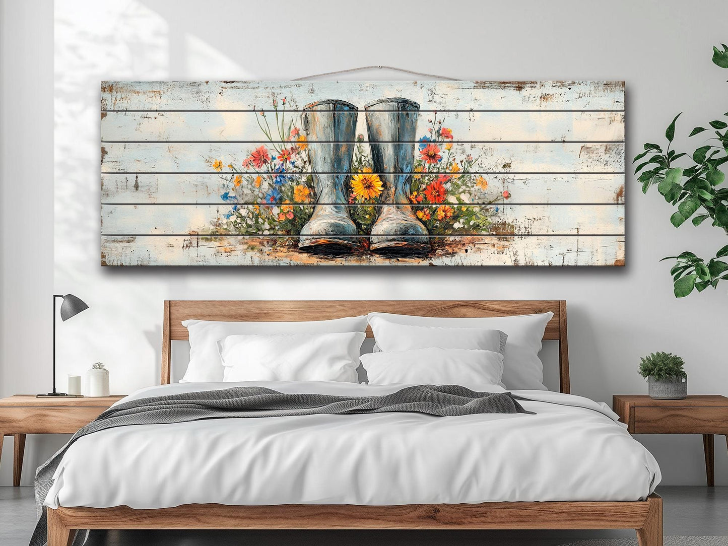Rustic Wood Wall Art – Rain Boots Wall Art With Wildflowers Wood Print | Cozy Cabin Decoration