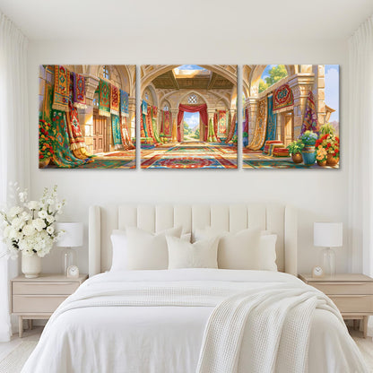 A large, three-panel painting depicting an ornate, colorful interior with arched doorways, columns, and decorative elements.