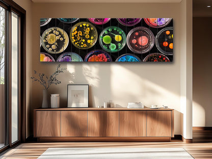 Petri Dish Wall Art – Colorful Abstract Science Print on Natural Wood Decor