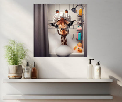 Giraffe Bathroom Art – Cute Animal Canvas With Wood Frame, Nursery Wall Decor