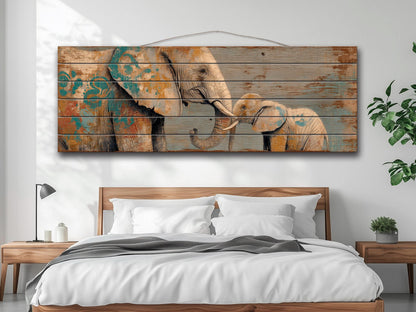 Loving Mother Elephant with Calf on Rustic Wooden Slats, Elephants Wall Art, Elephants Painting, Elephants Print on Wood, Wood Wall Art