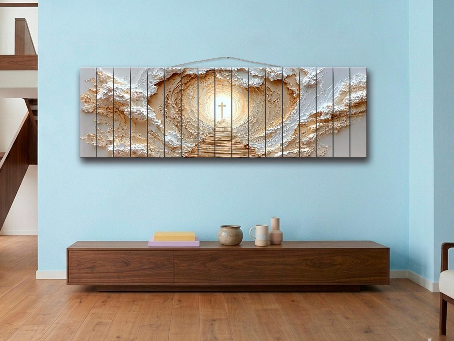Path to Glowing Cross Print on Natural Wood, Christian Wall Art