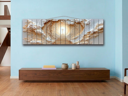 Path to Glowing Cross Print on Natural Wood, Christian Wall Art
