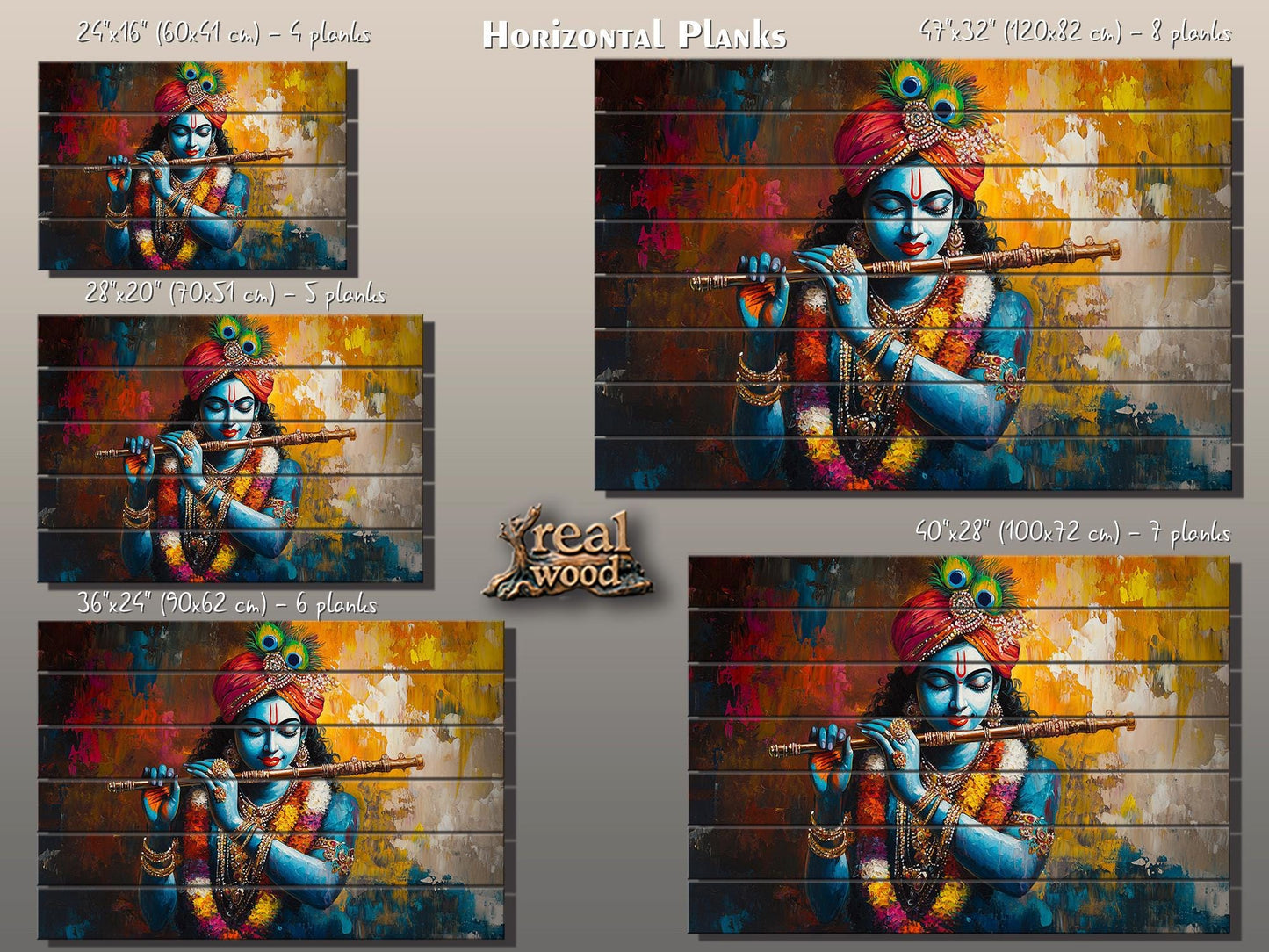 Lord Krishna with Flute Print on Natural Wood, Indian Hindu God Painting, Rustic Indian Wall Art, Lord Krishna Painting, Wood in Interior