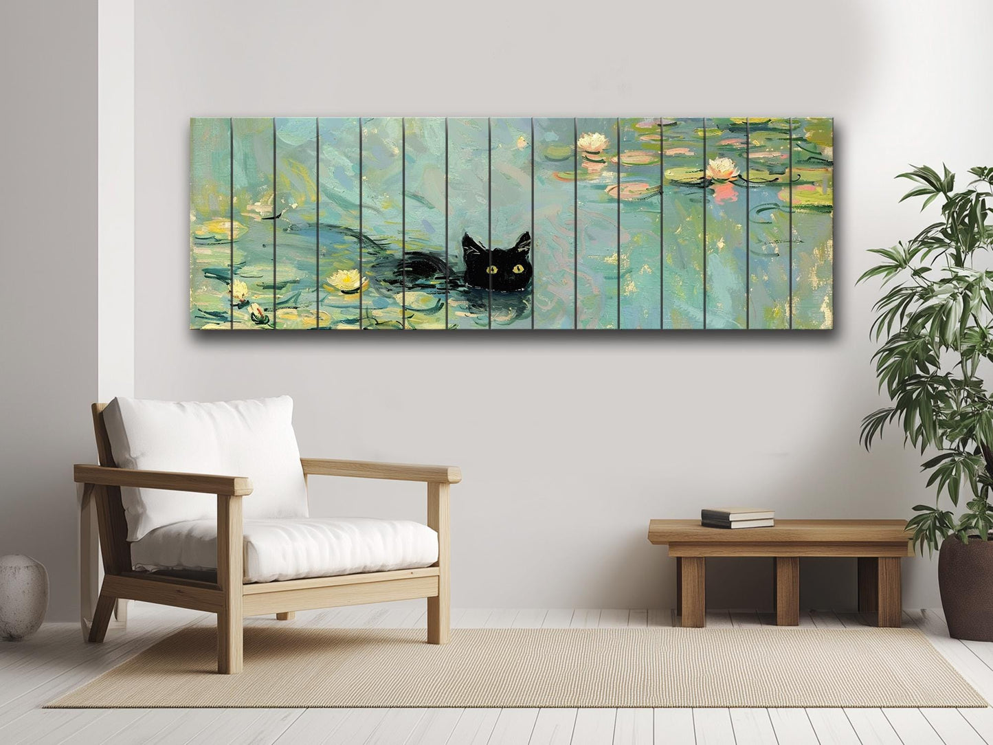Wood Wall Art - Black Cat Swimming Among Water Lilies | Natural Wood Plank Print
