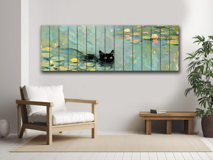 Wood Wall Art - Black Cat Swimming Among Water Lilies | Natural Wood Plank Print