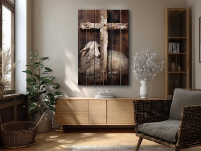 Religious Wall Art - Lamb And Cross Print | Natural Wood Decor - UV Printed Wood