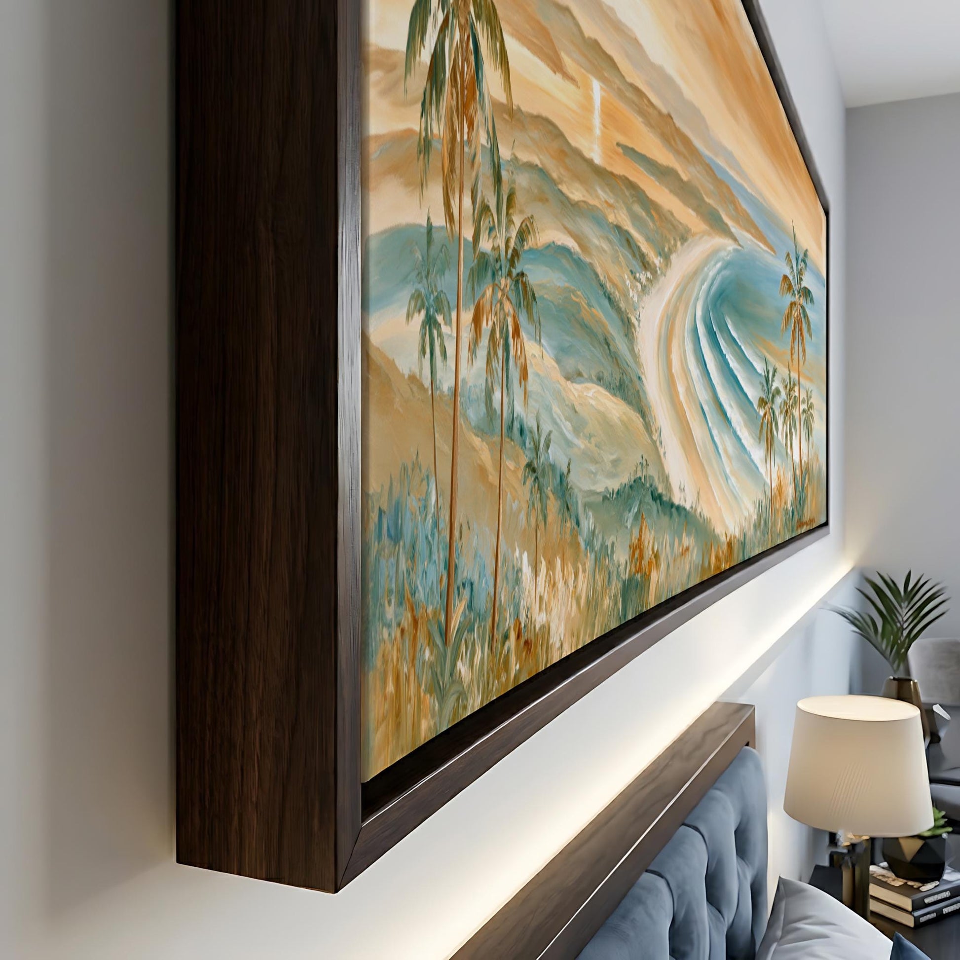 a large, framed painting depicting a tropical beach scene with palm trees, a sandy beach, and a body of water.