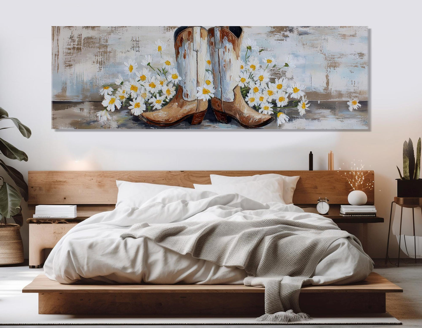 Cowboy Boots Canvas Print – Rustic Western Wall Art with Daisies, Framed & Ready to Hang