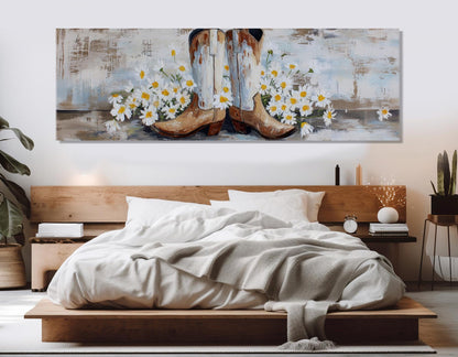 Cowboy Boots Canvas Print – Rustic Western Wall Art with Daisies, Framed & Ready to Hang