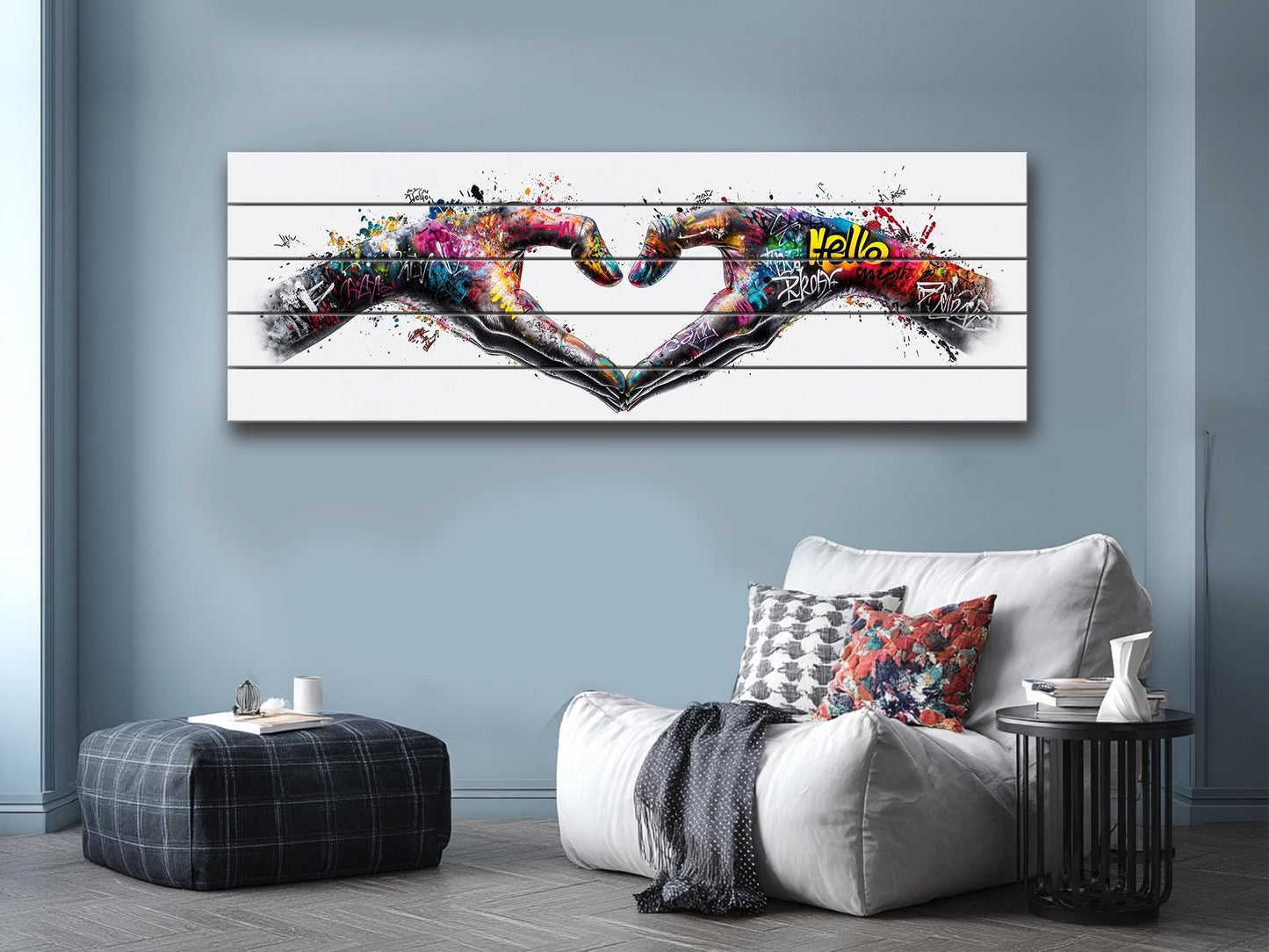 Heart Graffiti Style Painting Printed On  Natural Wood – Peace And Love Wall Art