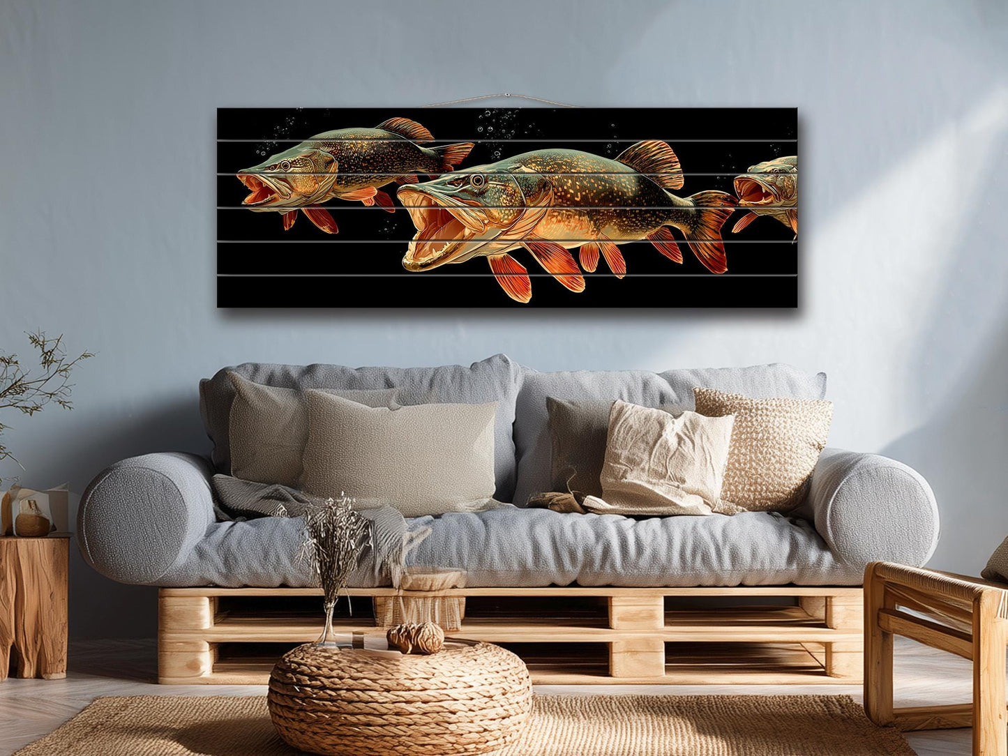 Pike Fish Wall Art | Rustic Fishing Decor – Predator Fish Artwork on Natural Wood Print