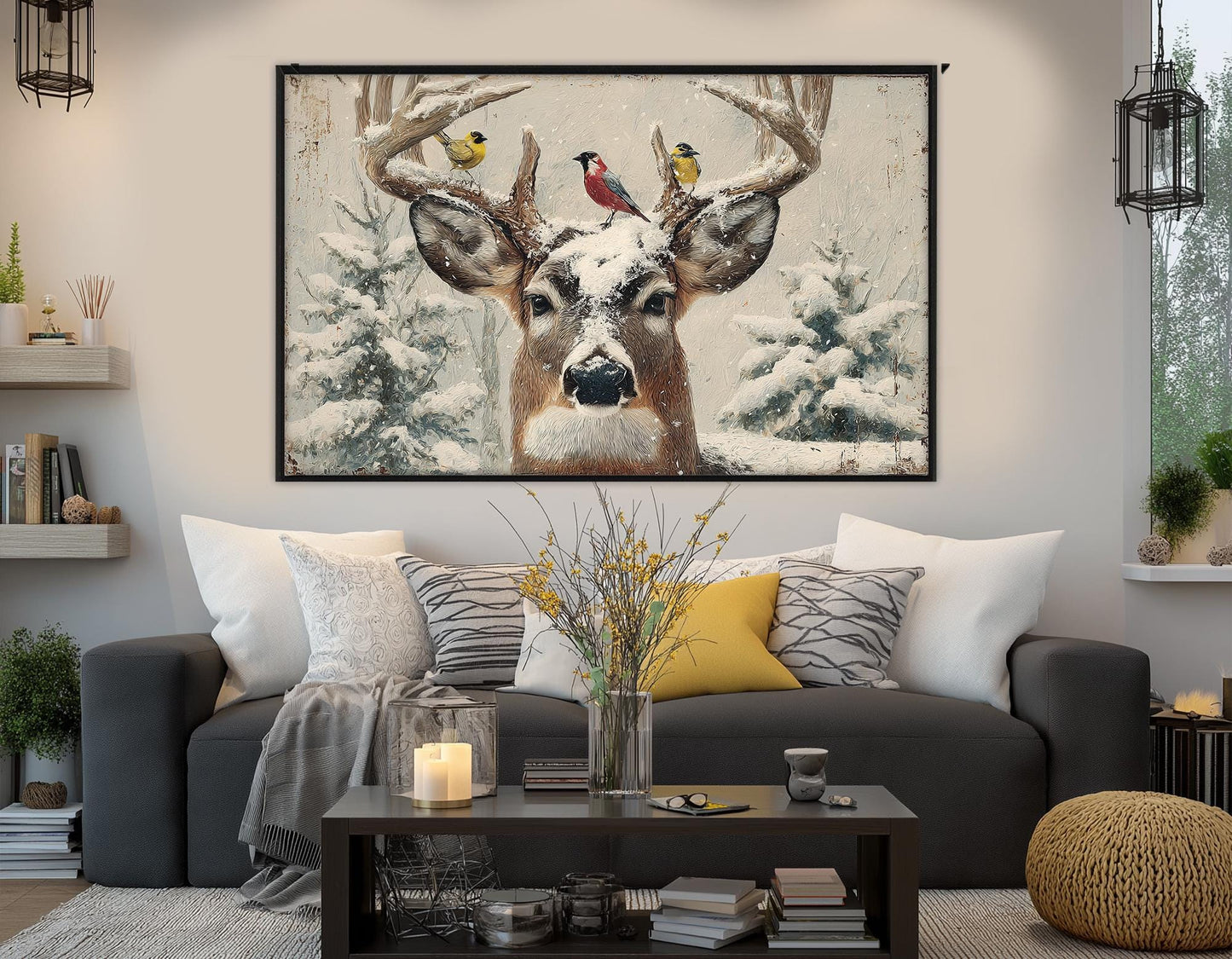 Rustic Snowy Deer Canvas – Framed Canvas Print | Winter Cabin Decor Ready to Hang
